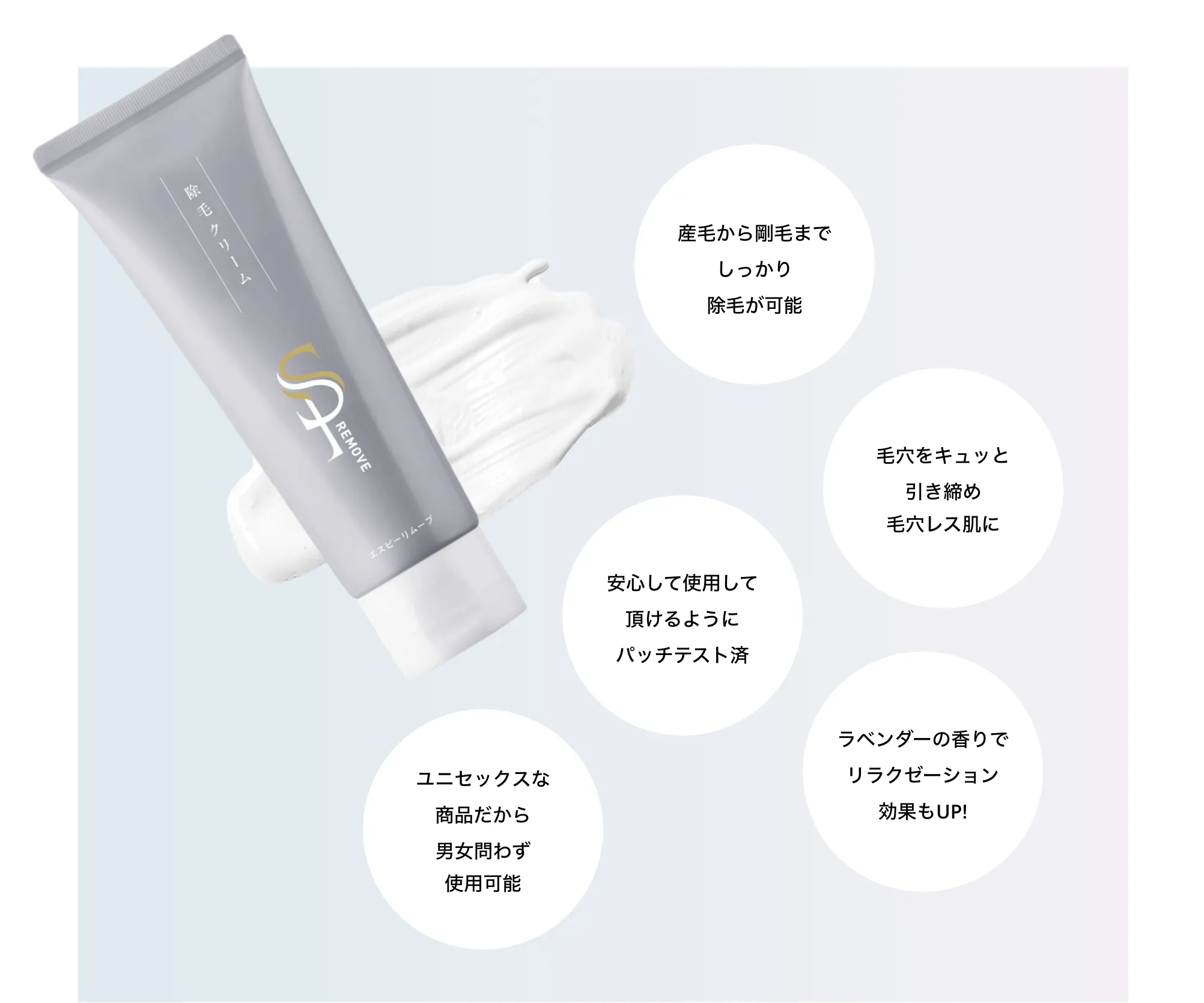 産毛から剛毛までしっかり除毛が可能/毛穴をキュッと引き締め毛穴レス肌に/安心して使用して頂けるようにパッチテスト済/ラベンダーの香りでリラクゼーション効果もUP!/ユニセックスな商品だから男女問わず使用可能